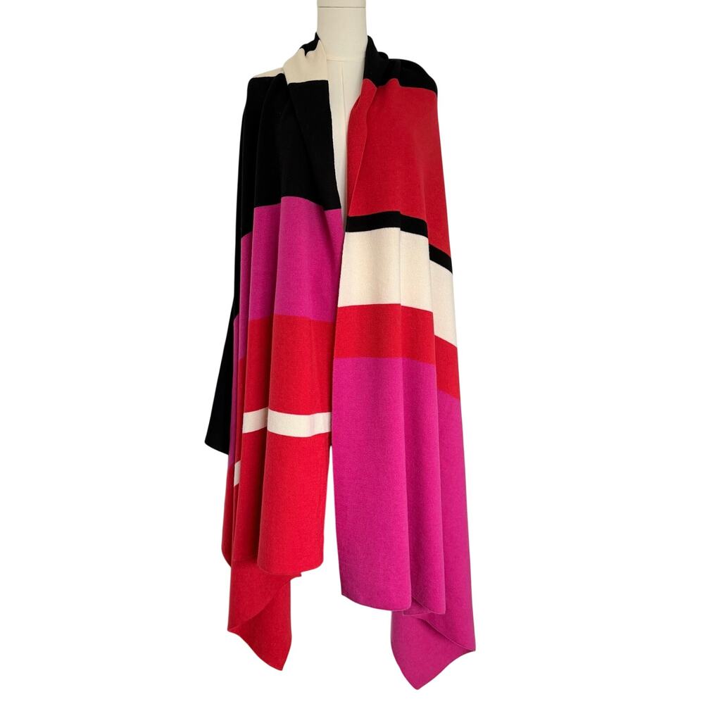 St. John OS Colorblock Knit Travel Wrap Shawl Scarf Pink Red Black Quiet Luxury